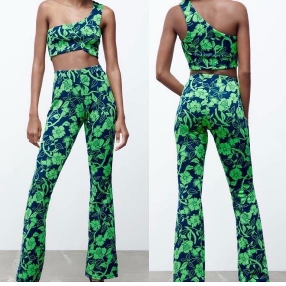 ❣️🆕Zara Jacquard High Waist Floral Print Flare Pants & One Shoulder Top❣️ - Picture 2 of 12